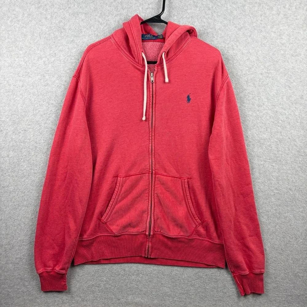 Polo Ralph Lauren Hoodie Men's Large Red Faded Full Zip Talon Terry Beach Wash